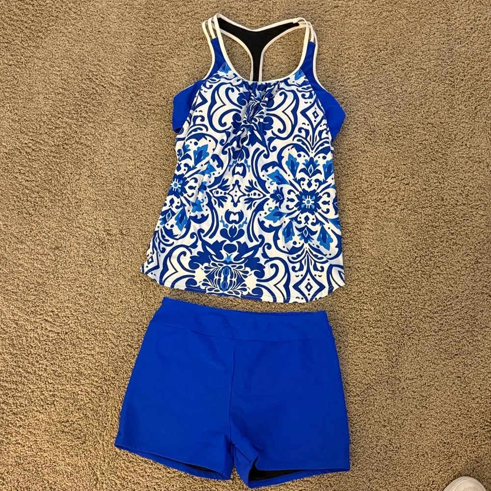 Blue Patterned Tankini Set Large - Picture 5 of 7